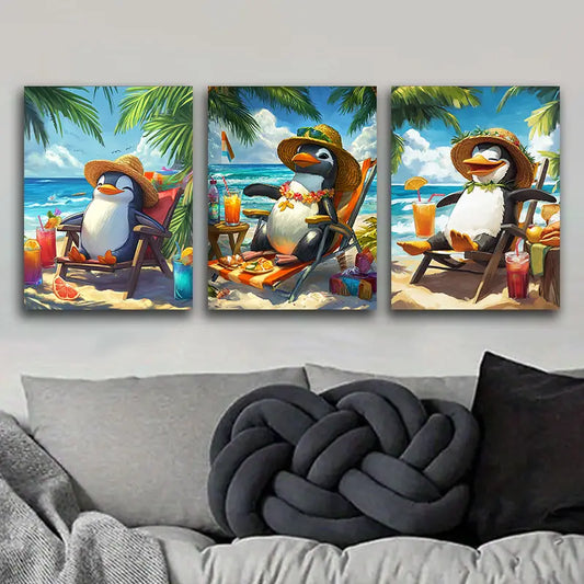 3pcs Penguins on Holiday Metal Print Ready to Hang Art