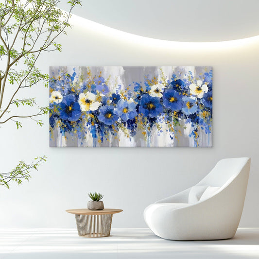 Blue & Golden Abstract Floral Wall Art Canvas Office Home Room Framed 80x45cm