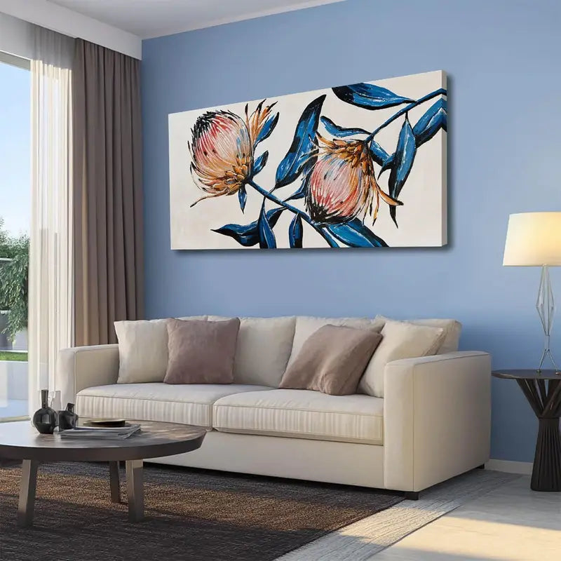 Blue Botanical Floral Modern Leaves Wall Art canvas office home room framed 120x60cm