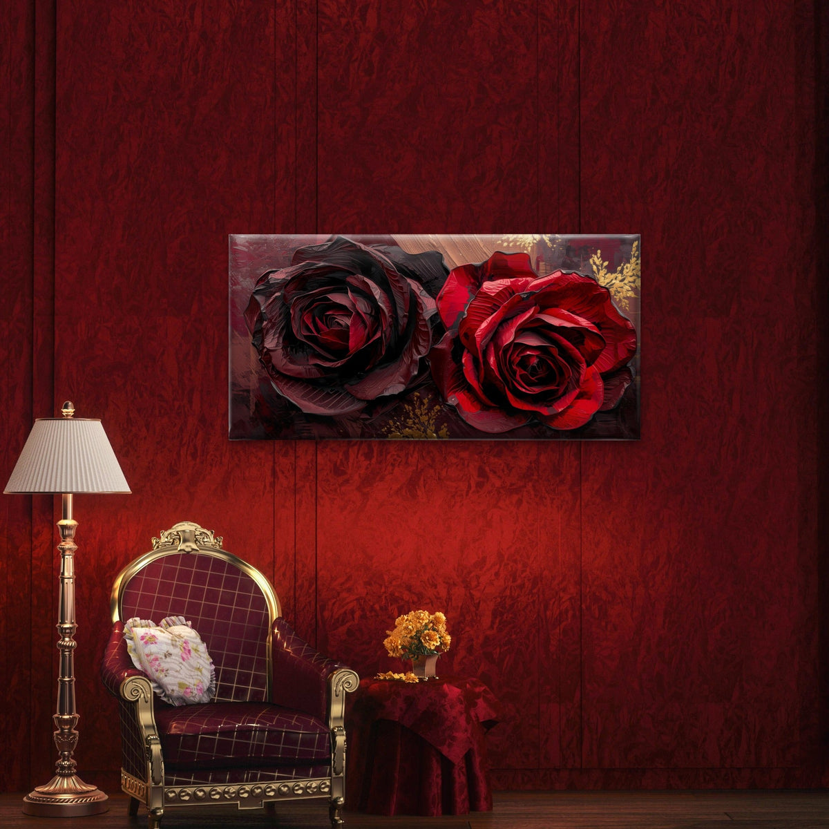 Dark Red Rose Floral Oil Paint Wall Art Canvas Office Home Room Framed 120x60cm