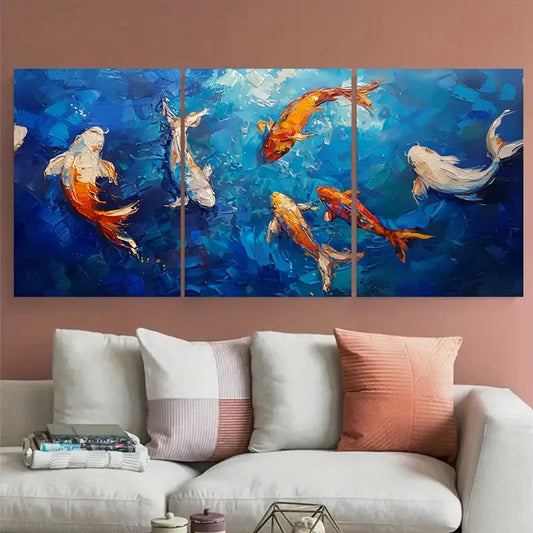3pcs Koi Fish Pond Colorful Water Metal Print Ready to Hang Art