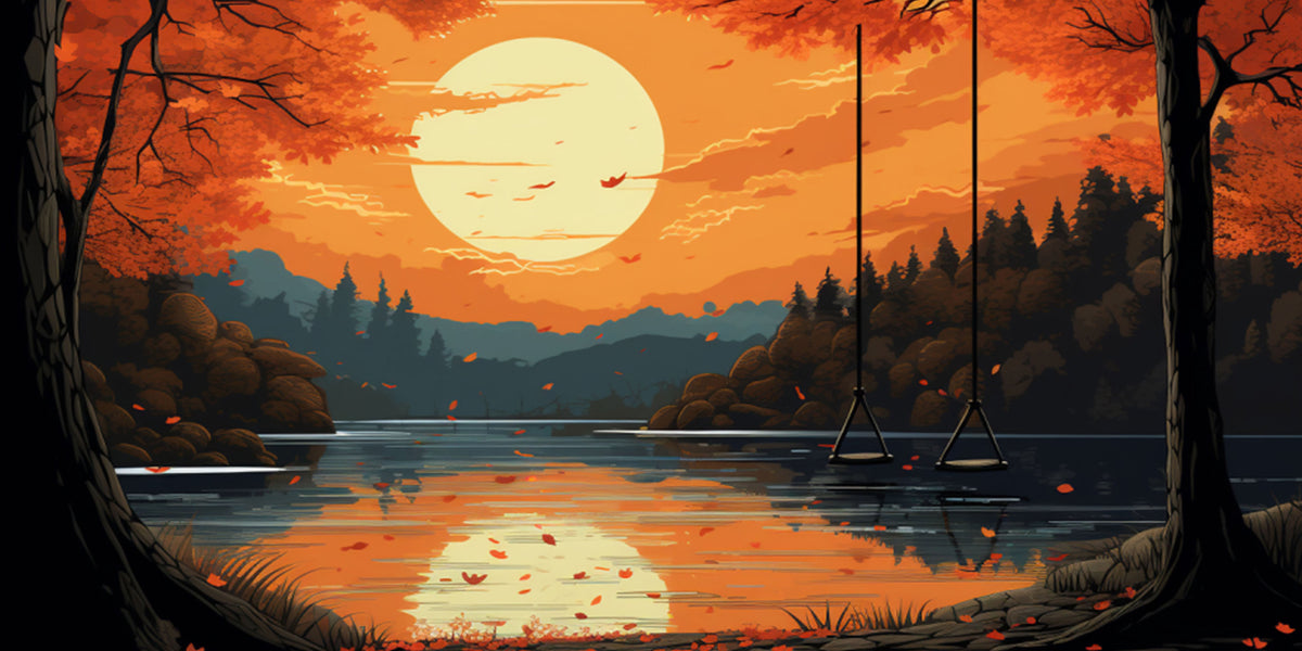 Cozy Autumn Sunset Lake Tree Swing Wall Art Canvas Office Home Framed 120x60cm