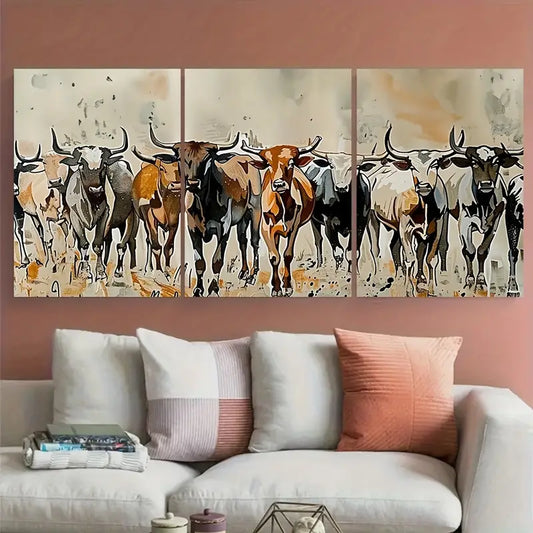 3pcs Longhorn Cattle Herd Running Metal Print Ready to Hang Art
