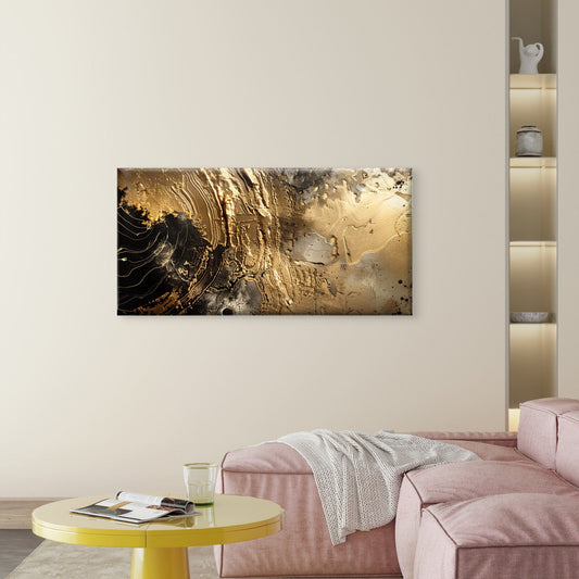 Black And Gold Abstract Textured Metallic Wall Art Canvas Office Home Room Framed 80x45cm