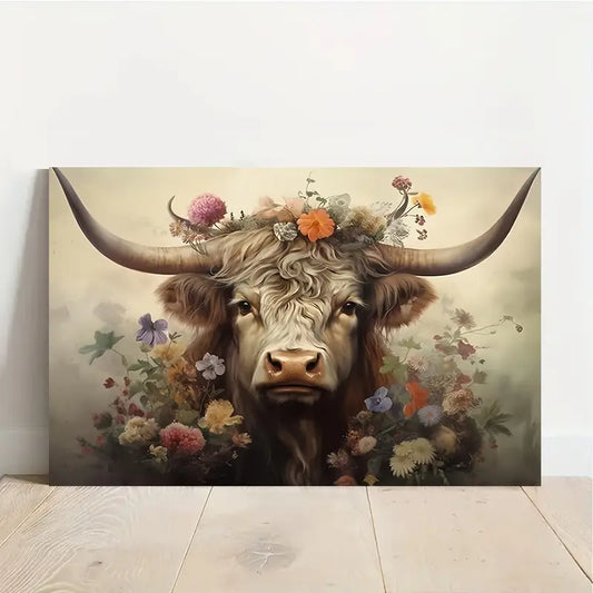 Highland Cow Floral Print 100% Australian Made 60x40cm Stretched Canvas Ready to Hang