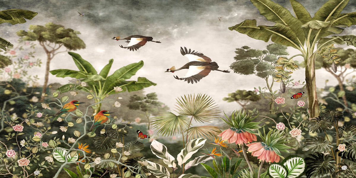 Vintage Tropical Jungle Crane Scene Wall Art Canvas Office Home Room Framed 120x60cm