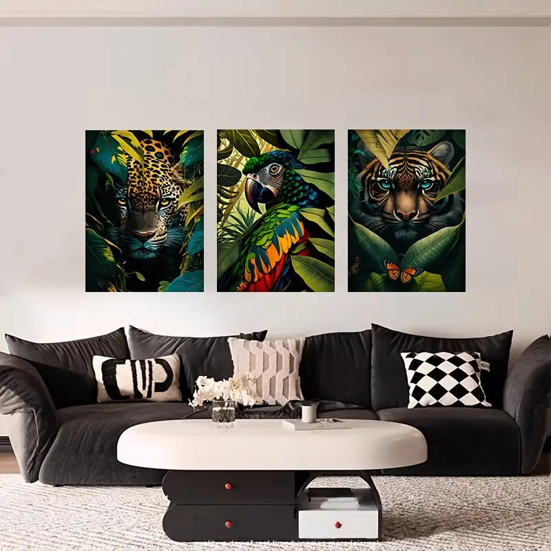 3pcs Vibrant Jungle Animal Tiger Macaw Metal Print Ready to Hang Art