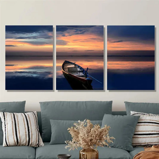 3pcs Vibrant Sunset Lake Serene Boat Scene Metal Print Ready to Hang Art