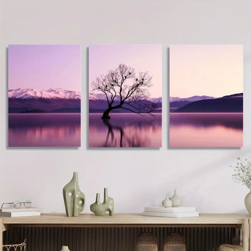 3pcs Perched Tree, Vibrant Purple & Pink Sky Metal Print Ready to Hang Art