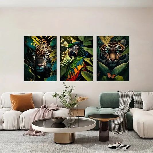 3pcs Vibrant Jungle Animal Tiger Macaw Metal Print Ready to Hang Art