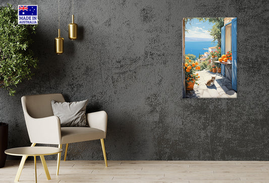 Tabby Cat Vibrant Flowers Ocean View Print 100% Australian Made 40x60cm Stretched Canvas Ready to Hang