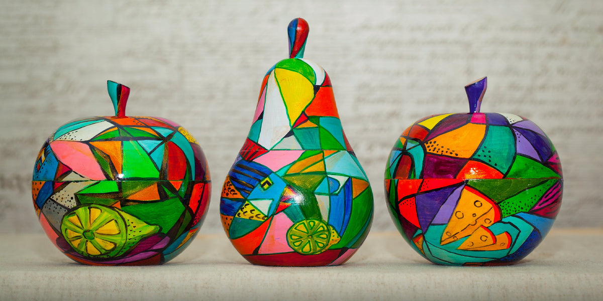 Folk Painted Wood Pear Apple Wall Art Canvas Office Home Room Framed 80x45cm