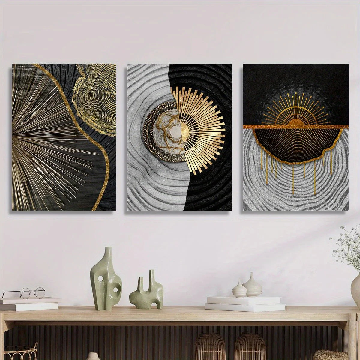 3pcs Golden Tinsel Abstract Light Luxury Metal Print Ready to Hang Art