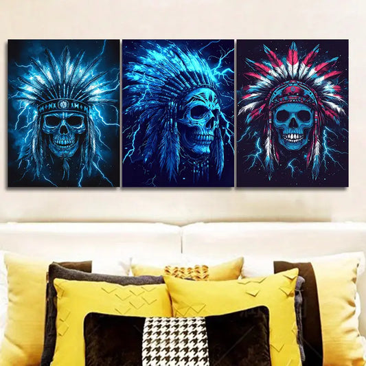 3pcs Native American Chief Skull Design Metal Print Ready to Hang Art