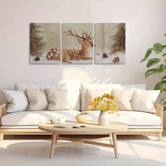 3pcs Elegant White Spotted Deer with Large Antlers, Snowy Forest Metal Print Ready to Hang Art