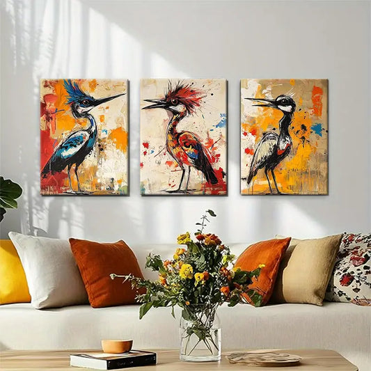3pcs Abstract Birds with Vibrant Feathers & Bold Brushstrokes Metal Print Ready to Hang Art