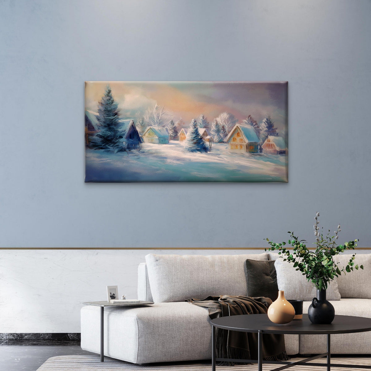 Cozy Winter Village Snow Cabins Wall Art Canvas Office Home Room Framed 120x60cm