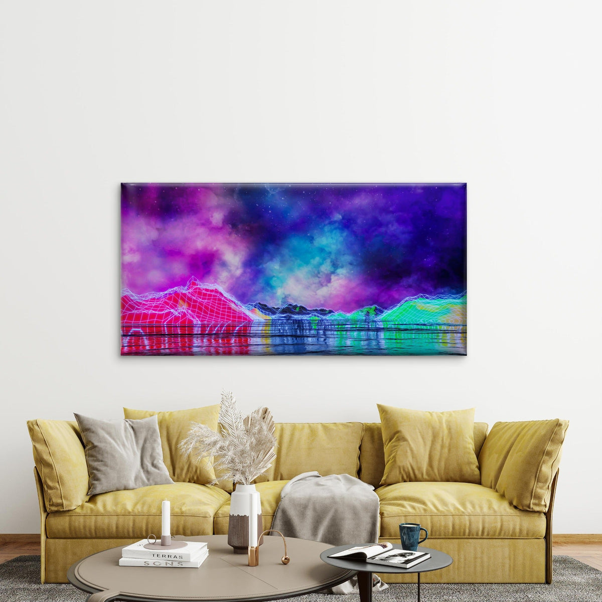 Landscape With Neon Mountains Wall Art Canvas Office Home Room Framed 120x60cm