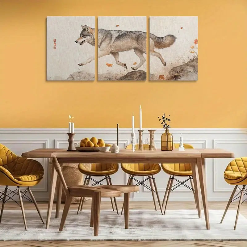 3pcs Gray Wolf with Rocks & Autumn Leaves Metal Print Ready to Hang Art