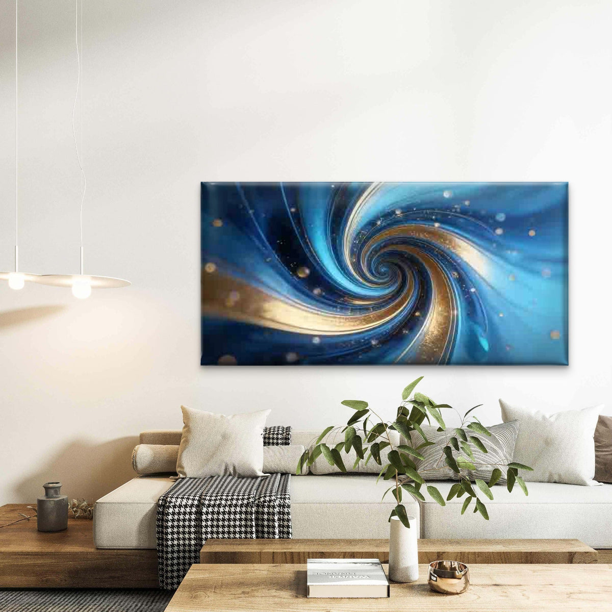 Blue And Golden Abstract Swirl Wall Art Canvas Office Home Room Framed 120x60cm