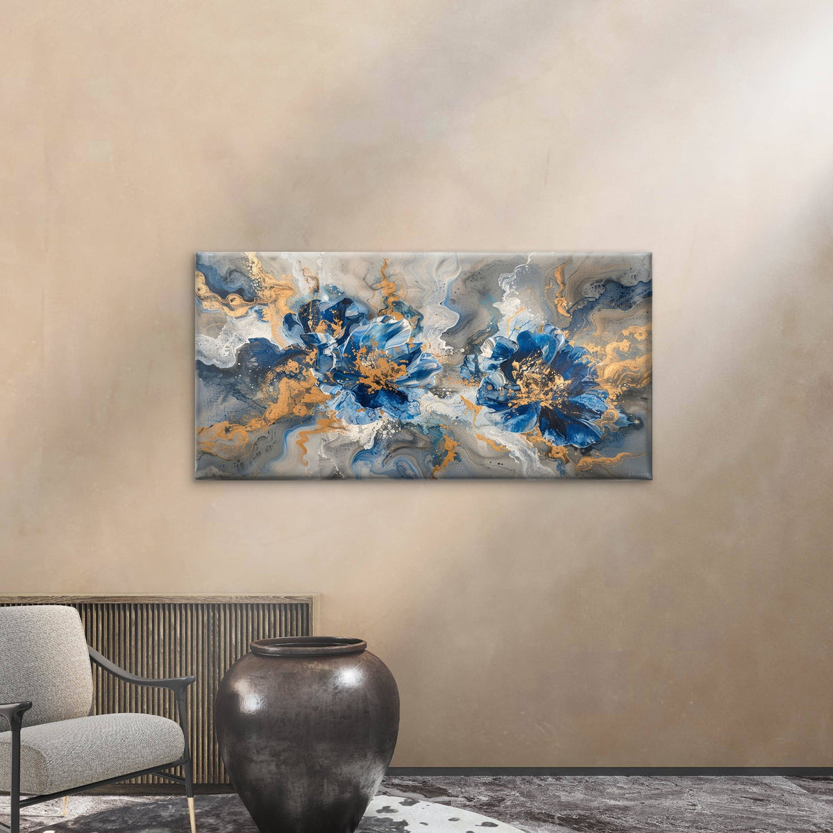 Abstract Navy Blue Floral Wall Art Canvas Office Home Room Framed 120x60cm