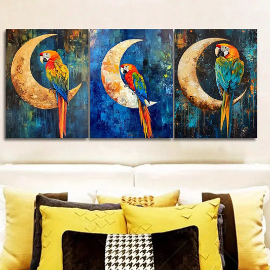 3pcs Art Painting Parrots Perch on the Edge Metal Print Ready to Hang Art