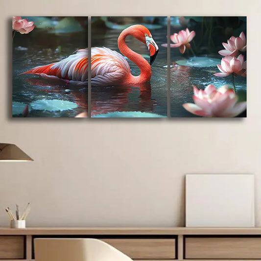 3pcs Flamingo and Lotus Flower Metal Print Ready to Hang Art