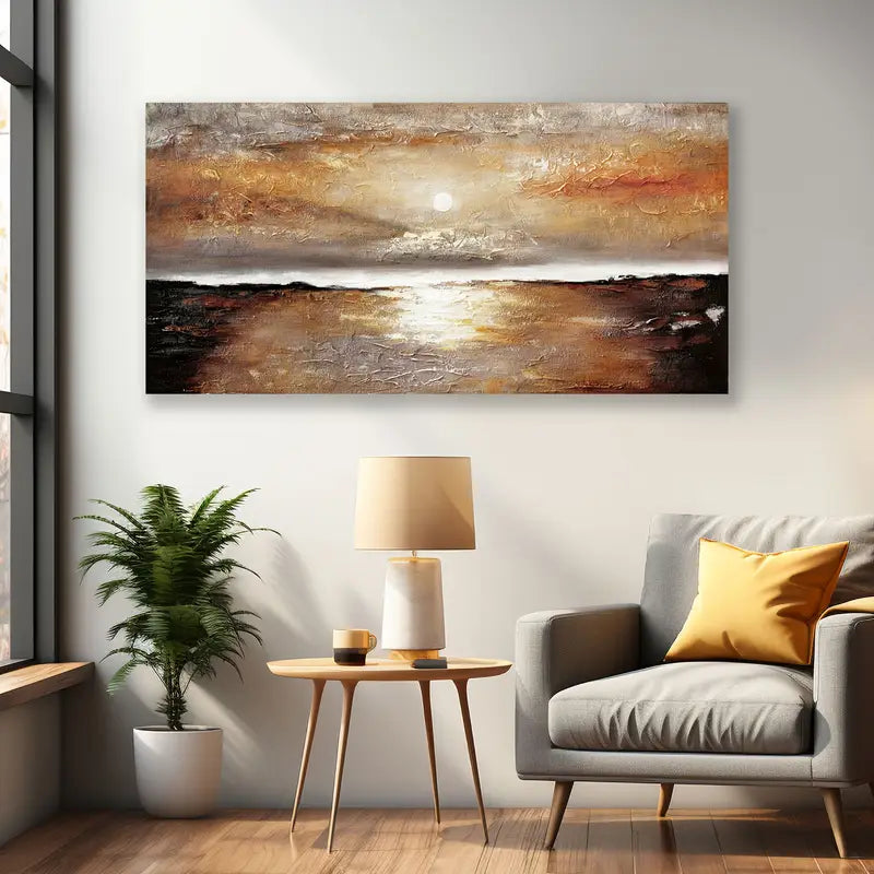 Golden Sunset Lake Scene wall canvas office home room framed 120x60cm