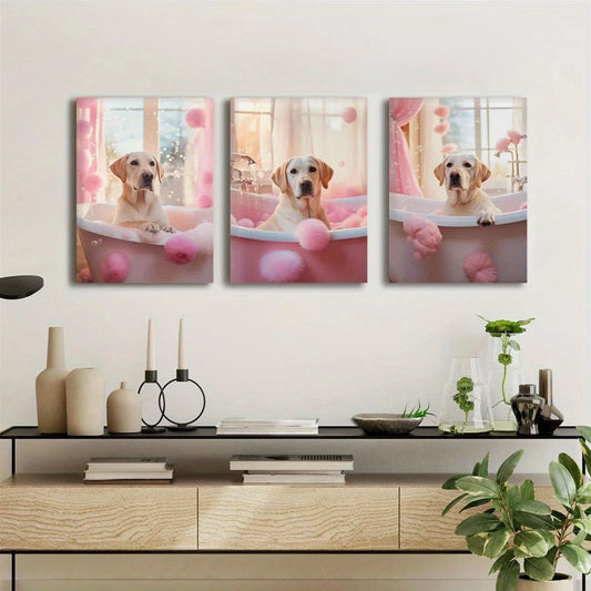 3pcs Labrador in Pink Bubble Bathtub Funny Dog Metal Print Ready to Hang Art