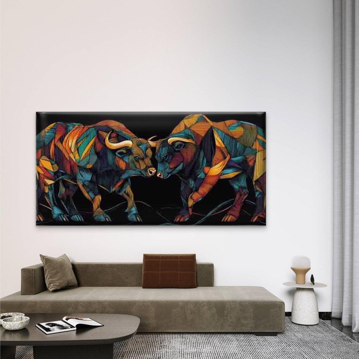 Two Bulls Confrontation Wall Art Canvas Office Home Room Framed 80x45cm