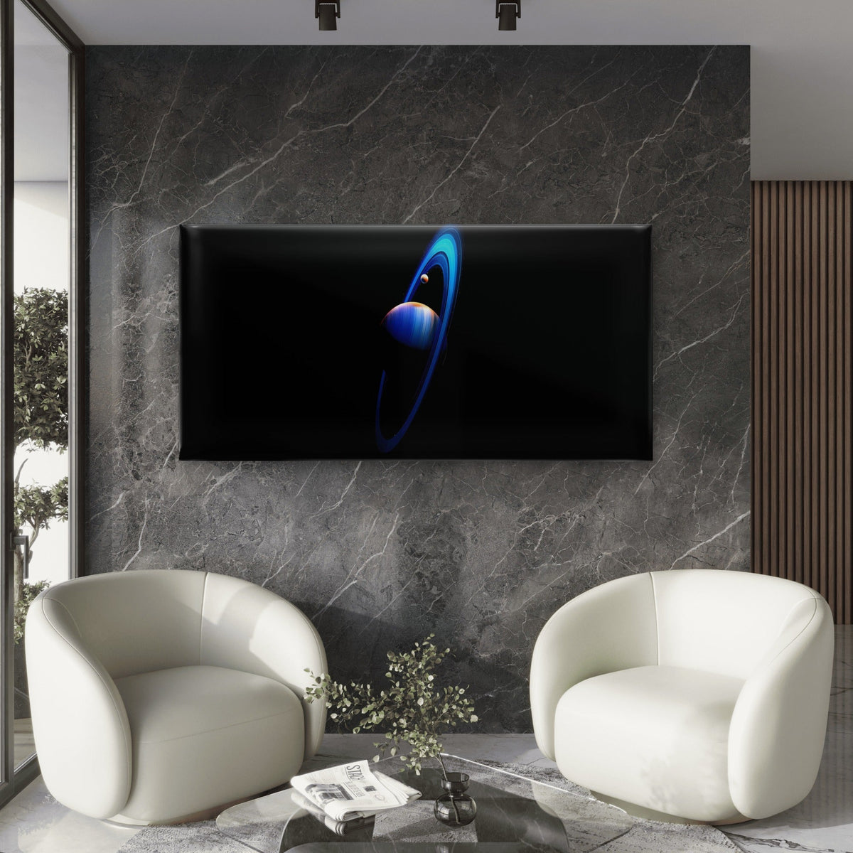 Blue Ringed Planet Wall Art Canvas Office Home Room Framed 80x45cm