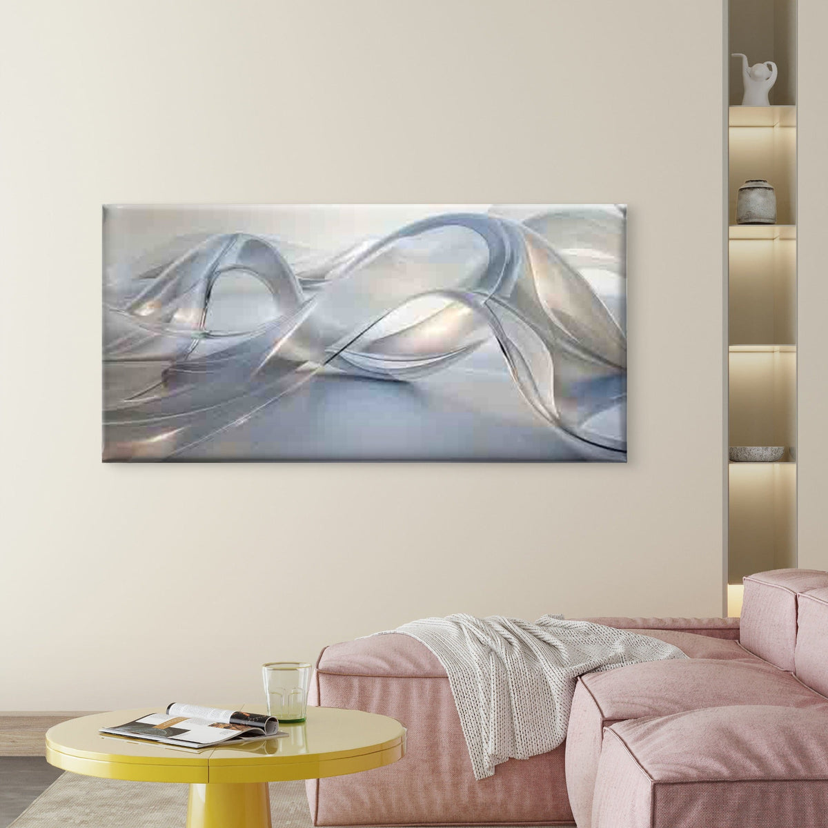 Abstract Silver Fluid Waves Wall Art Canvas Office Home Room Framed 80x45cm