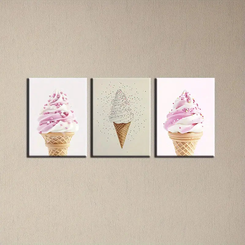 3pcs Abstract Ice Cream Pink & White Classic Design Metal Print Ready to Hang Art