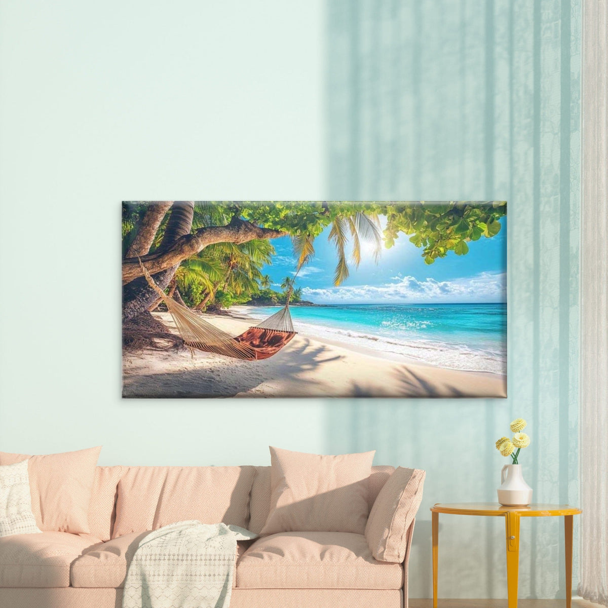 Hammock Tropical Paradise Sea Wall Art Canvas Office Home Room Framed 120x60cm