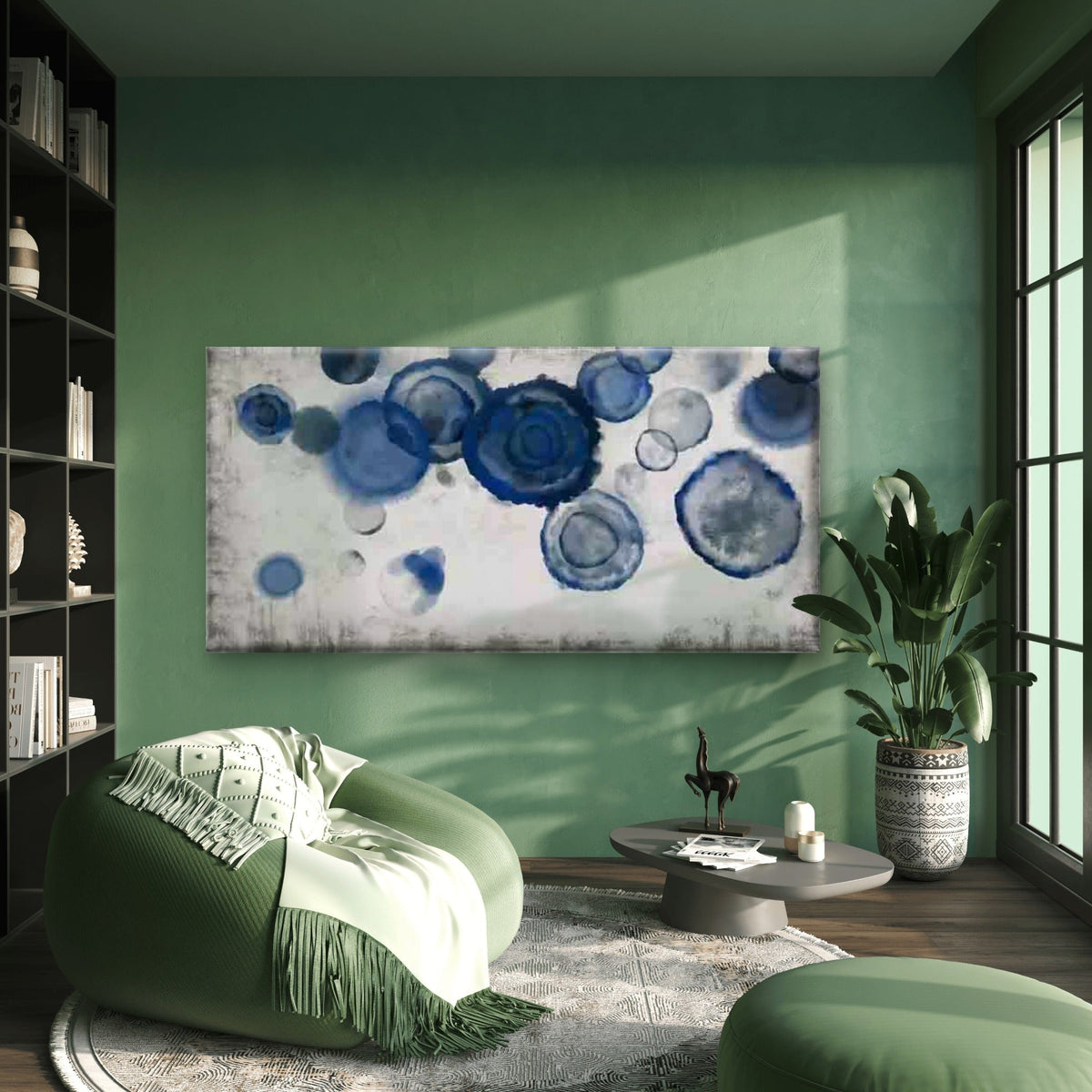 Blue Abstract Ink Circles Wall Art Canvas Office Home Room Framed 80x45cm