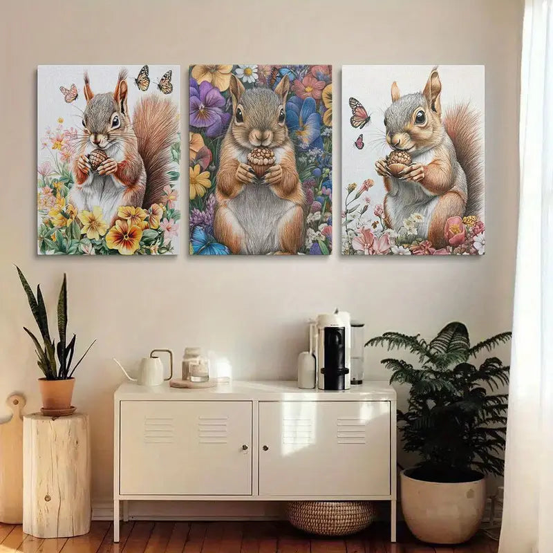 3pcs Squirrel Acorn in Paws, Floral & Butterfly Design Metal Print Ready to Hang Art