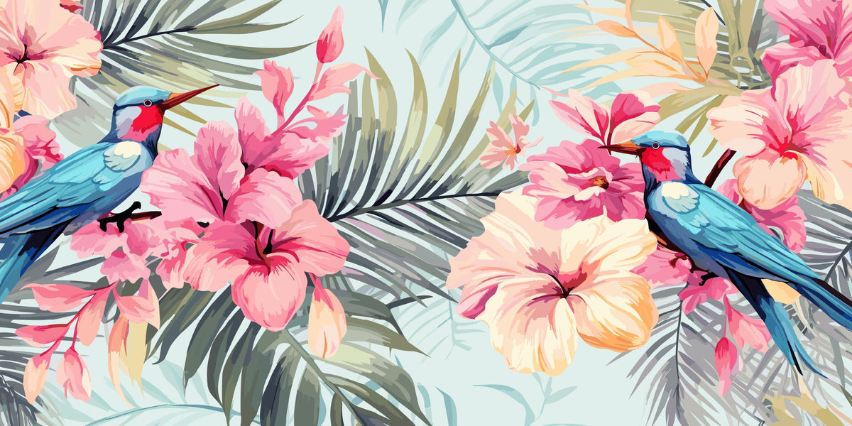 Paradise Blue Bird Hibiscus Wall Art Canvas Office Home Room Framed 80x45cm