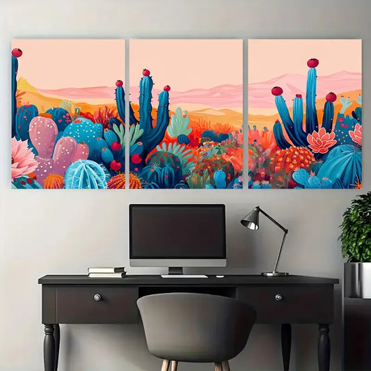 3pcs Colorful Vibrant Desert Cactus Metal Print Ready to Hang Art