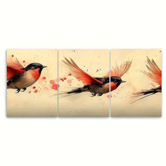 3pcs Red Black Beige Wildlife Birds Metal Print Ready to Hang Art