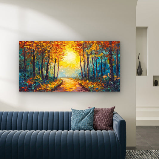 Autumn Forest Pathway Landscape Wall Art Canvas Office Home Room Framed 80x45cm