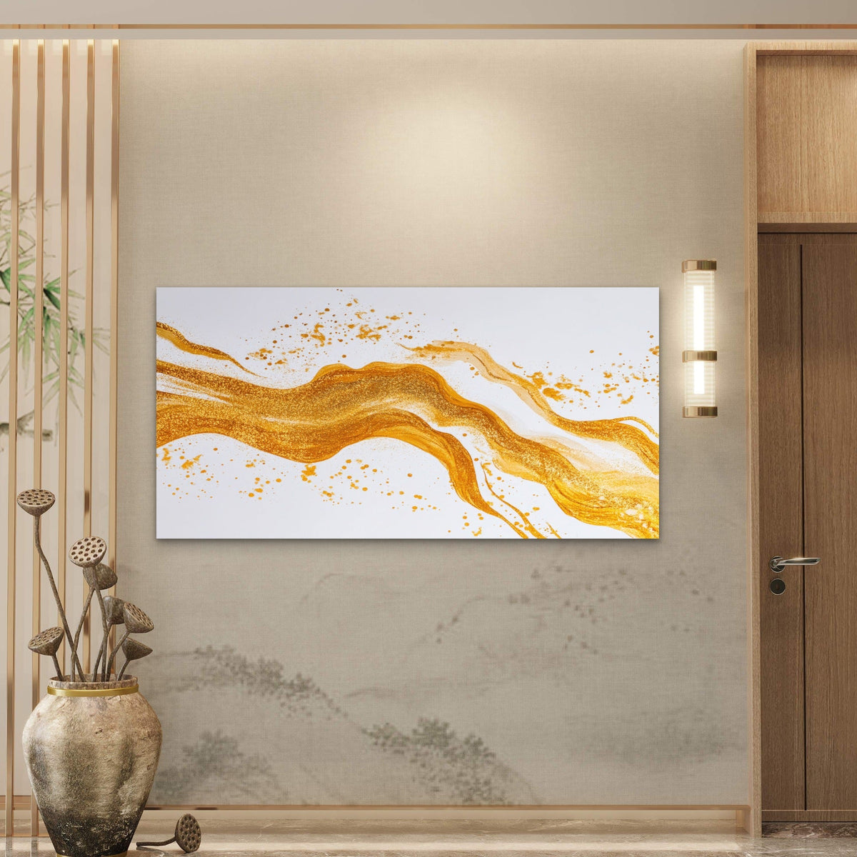Golden River Abstract Flow Wall Art Canvas Office Home Room Framed 80x45cm