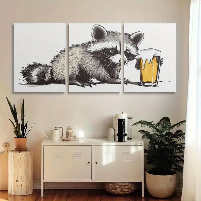 3pcs Cute Raccoon Drinking Beer Design Metal Print Ready to Hang Art