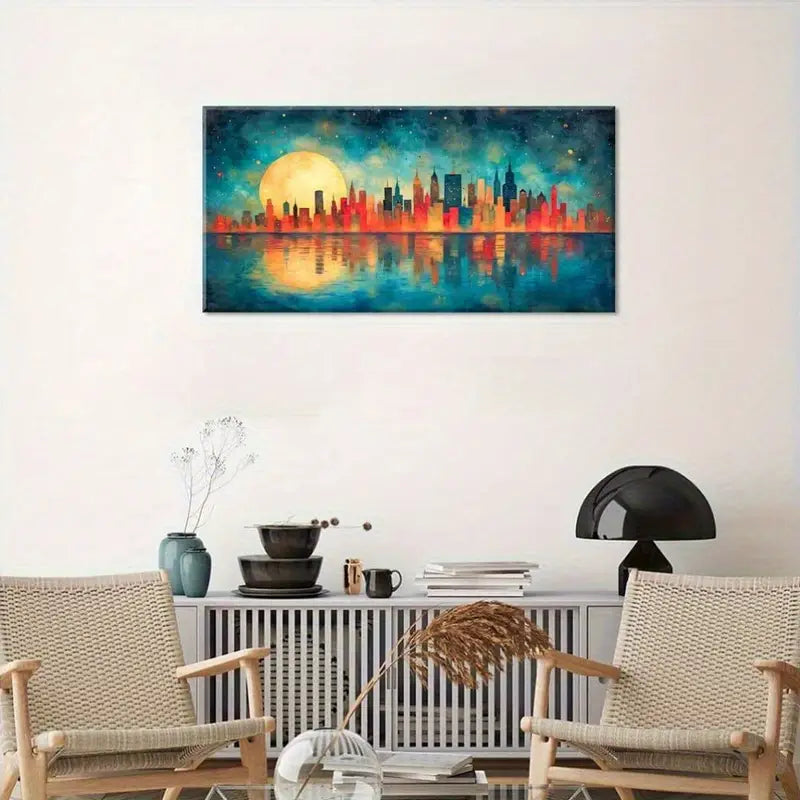 Blue Red Cityscape Radiant Golden Moon Wall Art canvas office home room framed 120x60cm