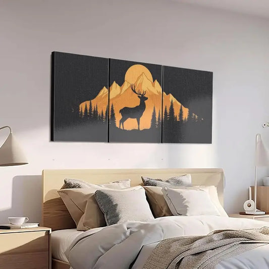 3pcs Majestic Deer Silhouette with Mountain & Forest Metal Print Ready to Hang Art