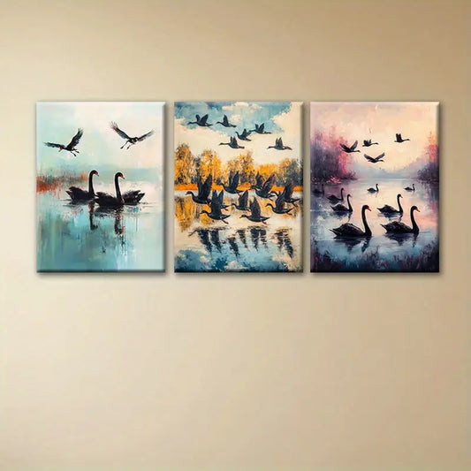 3pcs Watercolor Charming Black Swan Painting Metal Print Ready to Hang Art