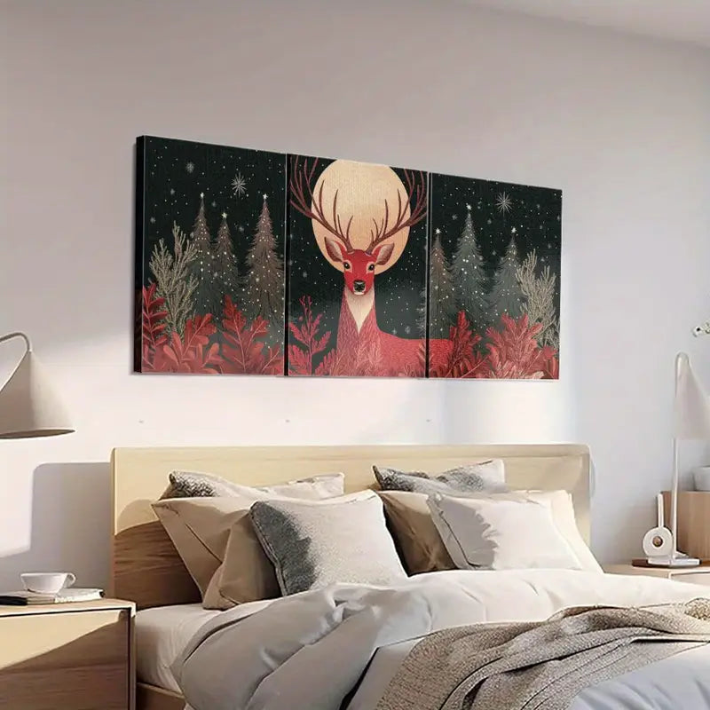 3pcs Elegant Red-Nosed Deer with Snowy Forest & Starry Night Metal Print Ready to Hang Art