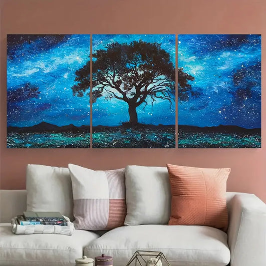 3pcs Lone Oak Tree Starry Blue Night Metal Print Ready to Hang Art