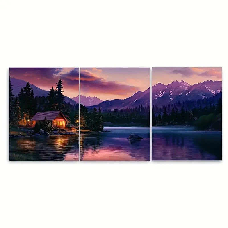 3pcs Lakeside Cabin & Blue Mountain Metal Print Ready to Hang Art