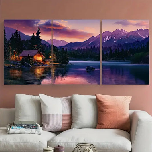3pcs Lakeside Cabin & Blue Mountain Metal Print Ready to Hang Art