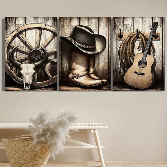 3pcs Vintage Cowboy Boots, Wheel, Guitar, and Hat Metal Print Ready to Hang Art